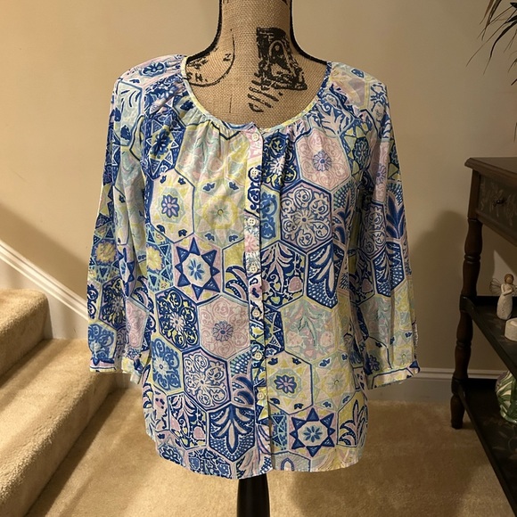 Talbots Blue and Yellow 3/4 Sleeve Buttoned Blouse - Picture 1 of 5